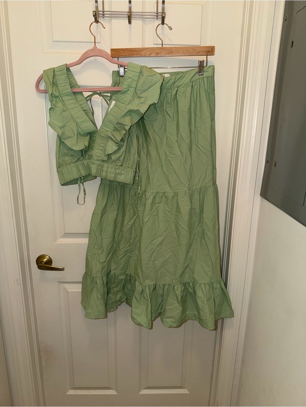 Japna Light Green Ruffle Maxi Skirt and Cropped Top Set